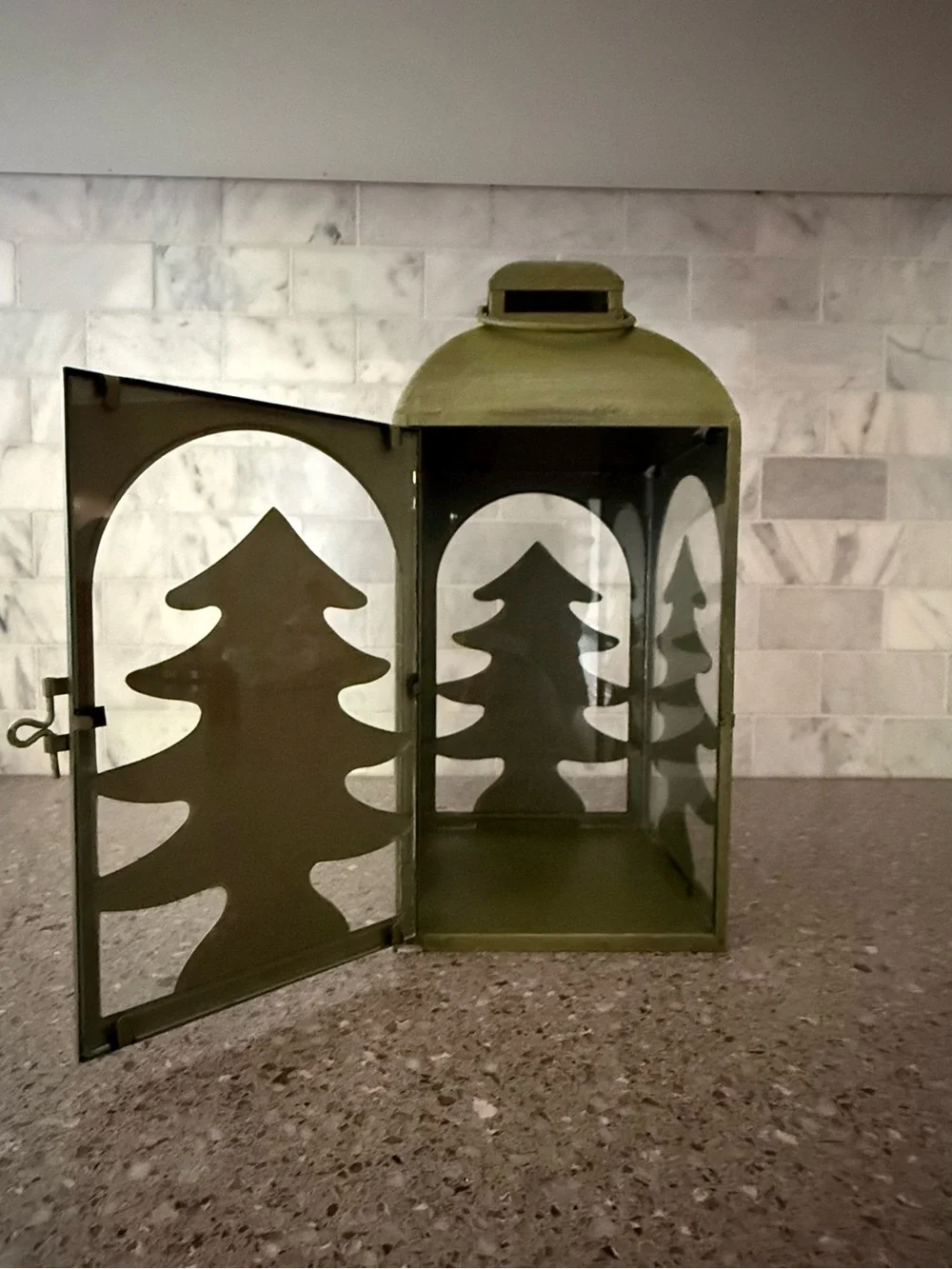 Olive Green Pine Tree Metal Lantern (185)